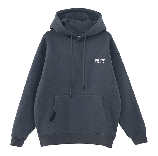 White London Clothing charcoal grey 100% cotton hoodie with a double-lined hood, printed logo on chest and back, and embossed logo tag on pocket.