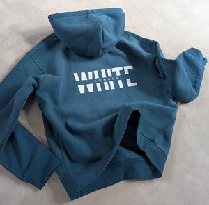 White London Clothing cobalt blue 100% cotton signature hoodie with large white logo print on back and chest.