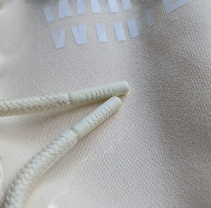 White London Clothing cream 100% cotton hoodie with drawstring details and embossed logo on pocket.