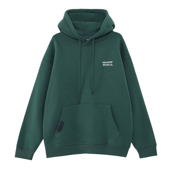 White London Clothing dark green 100% cotton hoodie with a double-lined hood, printed logo on chest and back, and embossed logo tag on pocket.
