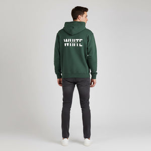 White London Clothing dark green 100% cotton hoodie with large white logo print on back and smaller logo on chest.