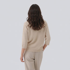 White London Clothing taupe knitted sweater with 3/4 sleeves, a timeless silhouette perfect for layering.