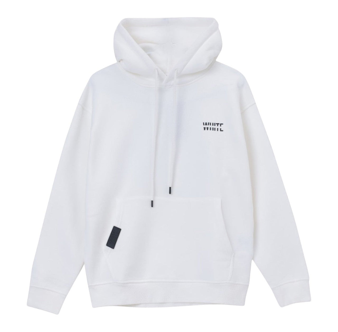 White London Clothing white 100% cotton structured hoodie with a double-lined hood, logo print on chest and back, and embossed logo tag on pocket.