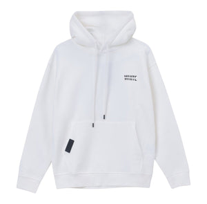 White London Clothing white 100% cotton structured hoodie with a double-lined hood, logo print on chest and back, and embossed logo tag on pocket.