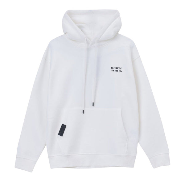 White London Clothing white 100% cotton structured hoodie with a double-lined hood, logo print on chest and back, and embossed logo tag on pocket.