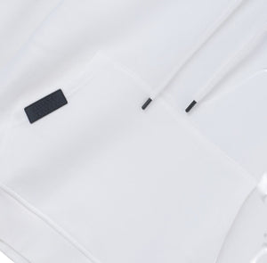 White London Clothing white 100% cotton structured hoodie with a double-lined hood and logo tag on the pocket.